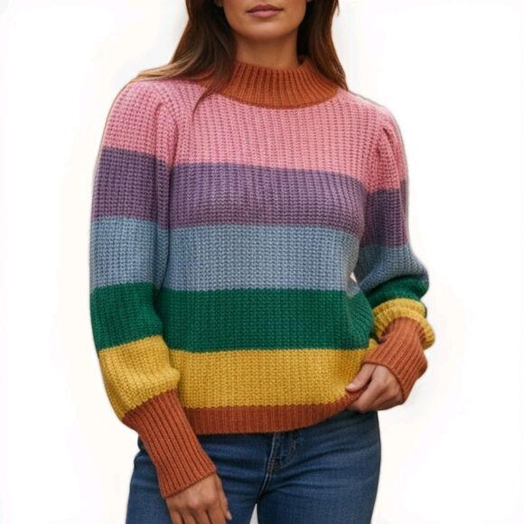 English Factory Chunky Knit Sweater Women XS Mockneck Puff Sleeve Striped Colors - Picture 1 of 5